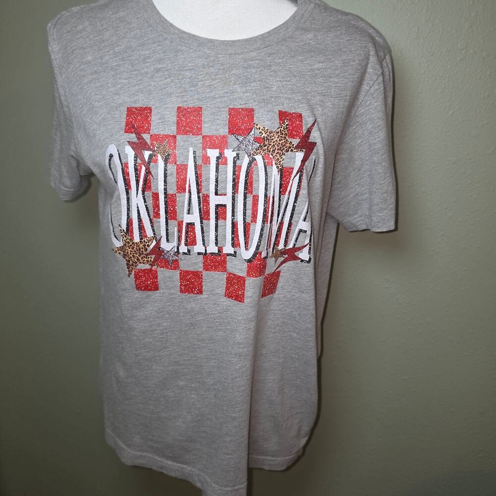 Bella Canvas Oklahoma Graphic T Shirt Medium Gray Red Checkered Leopard Stars